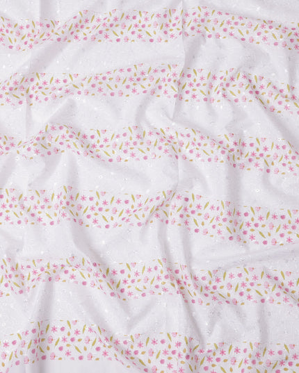 White Pink Floral Printed Cotton Voile Embroidery Fabric with Striped Design, 110 Cms Width, India-D25207