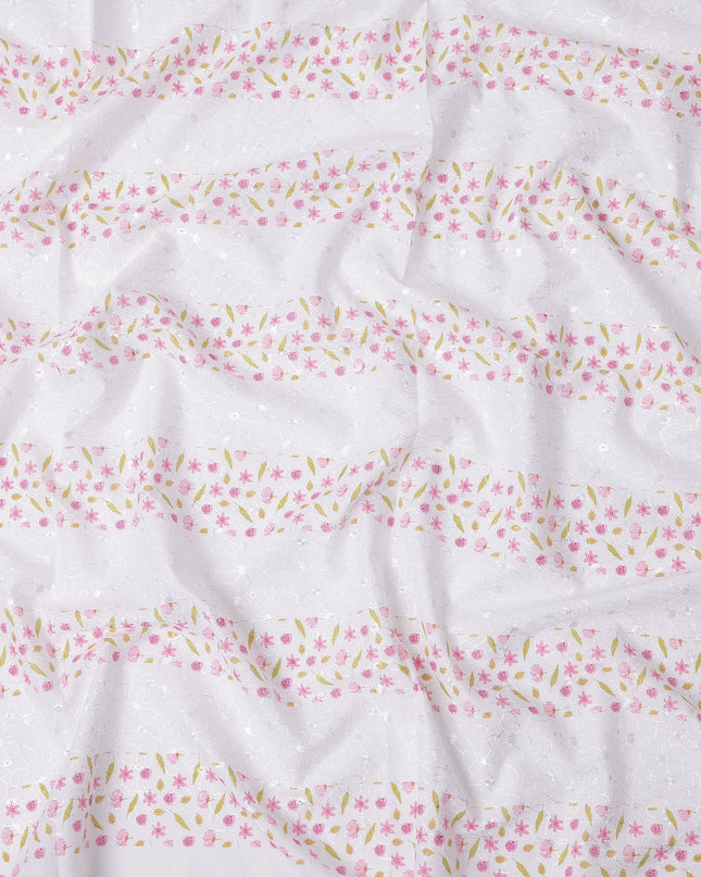 White Pink Floral Printed Cotton Voile Embroidery Fabric with Striped Design, 110 Cms Width, India-D25207