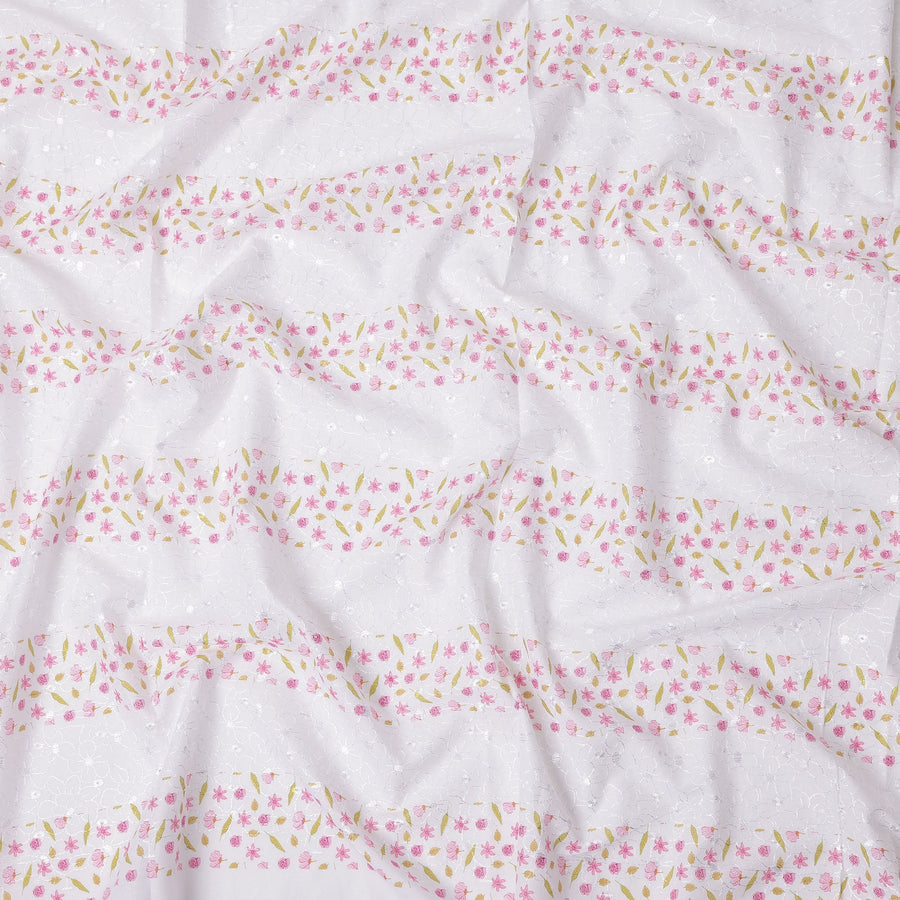 White Pink Floral Printed Cotton Voile Embroidery Fabric with Striped Design, 110 Cms Width, India-D25207