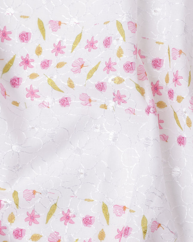 White Pink Floral Printed Cotton Voile Embroidery Fabric with Striped Design, 110 Cms Width, India-D25207