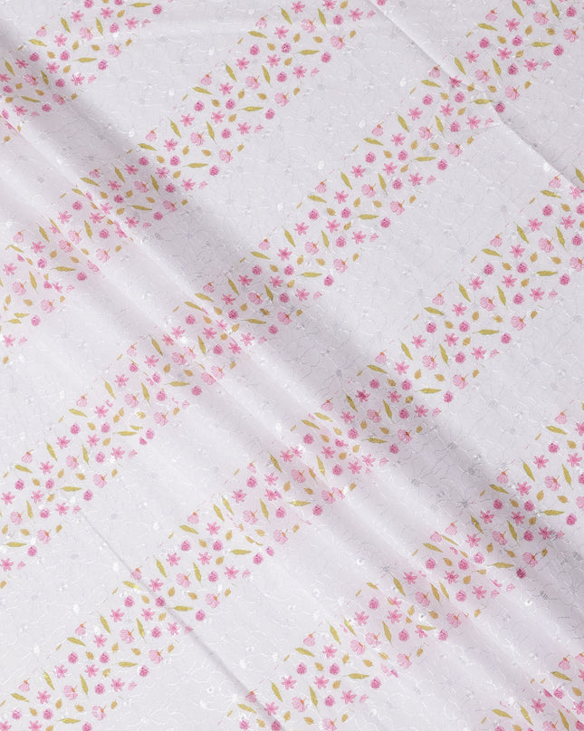 White Pink Floral Printed Cotton Voile Embroidery Fabric with Striped Design, 110 Cms Width, India-D25207