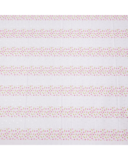 White Pink Floral Printed Cotton Voile Embroidery Fabric with Striped Design, 110 Cms Width, India-D25207