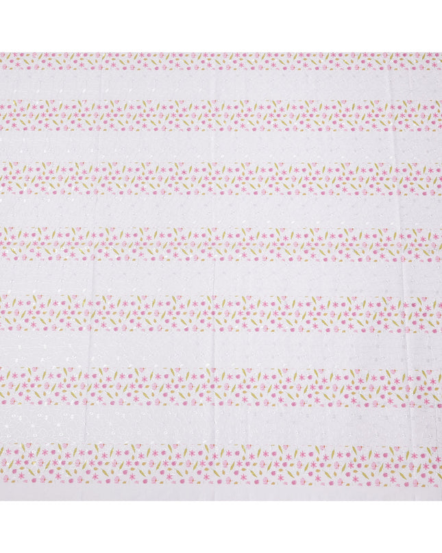 White Pink Floral Printed Cotton Voile Embroidery Fabric with Striped Design, 110 Cms Width, India-D25207