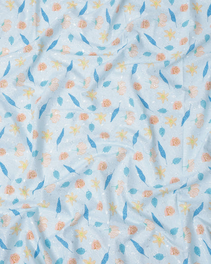 Light Blue Floral Printed Cotton Voile Embroidery Fabric, 110 Cms Width, India-D25202