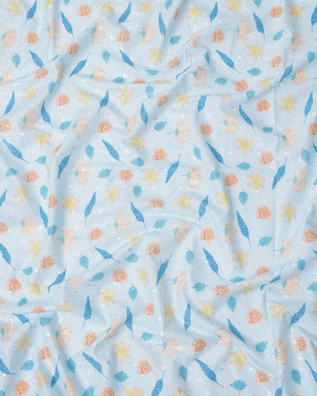 Light Blue Floral Printed Cotton Voile Embroidery Fabric, 110 Cms Width, India-D25202