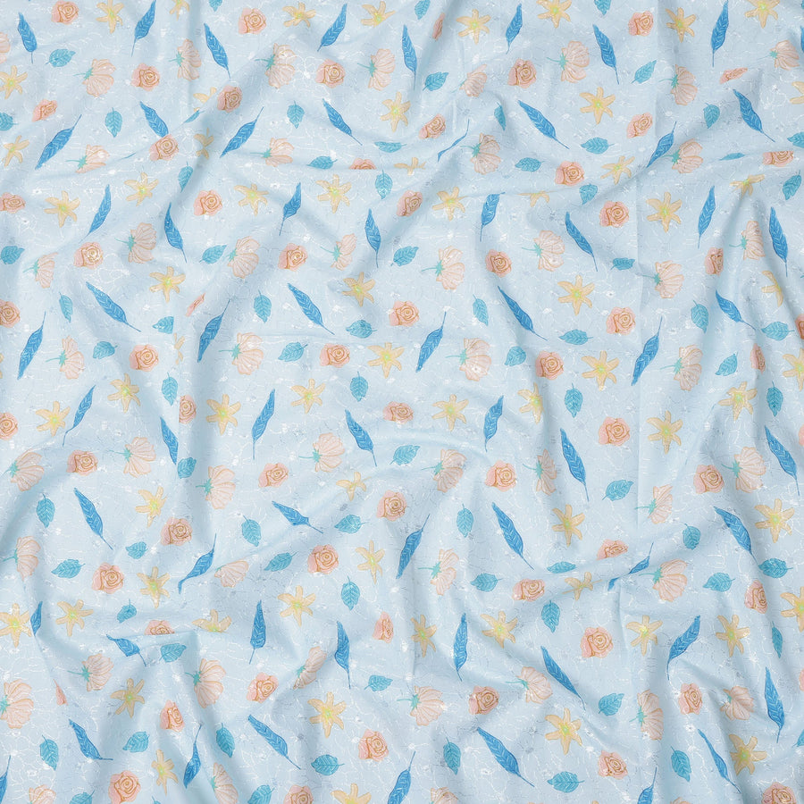 Light Blue Floral Printed Cotton Voile Embroidery Fabric, 110 Cms Width, India-D25202
