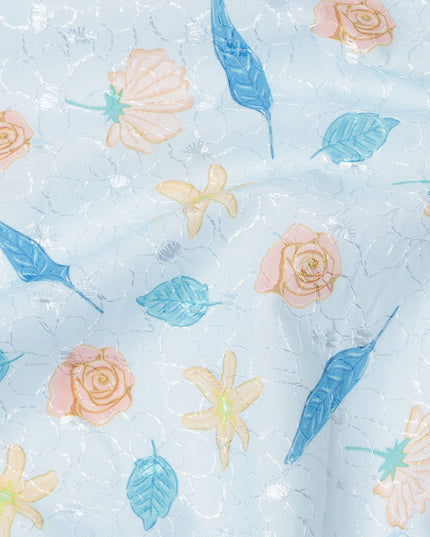 Light Blue Floral Printed Cotton Voile Embroidery Fabric, 110 Cms Width, India-D25202