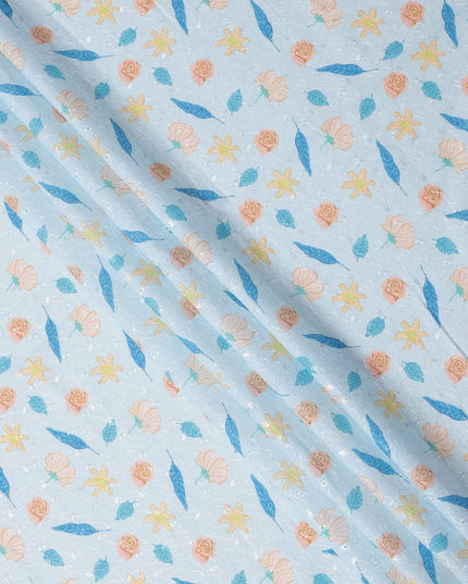 Light Blue Floral Printed Cotton Voile Embroidery Fabric, 110 Cms Width, India-D25202