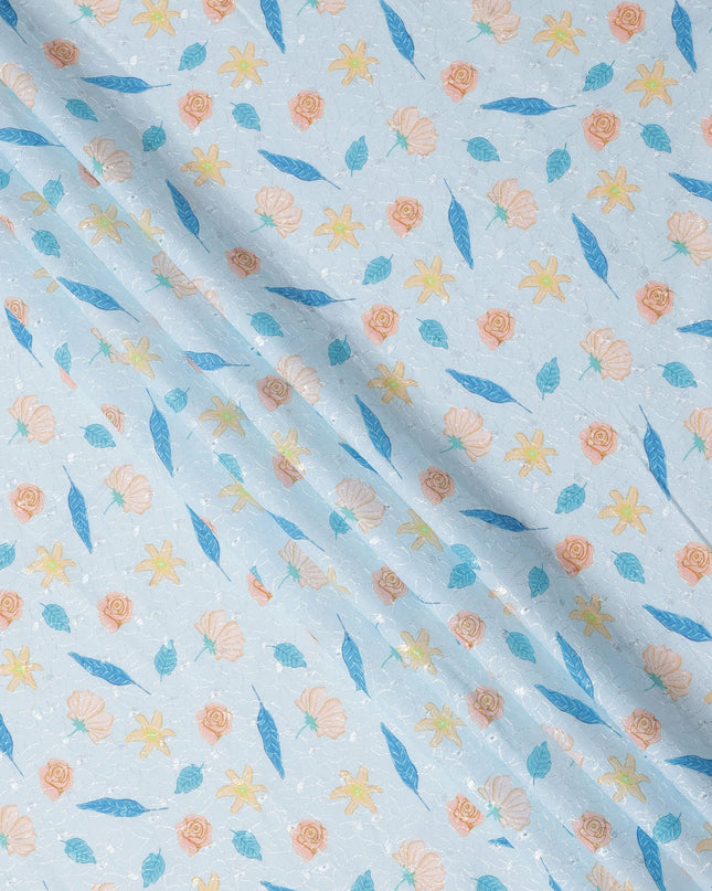 Light Blue Floral Printed Cotton Voile Embroidery Fabric, 110 Cms Width, India-D25202