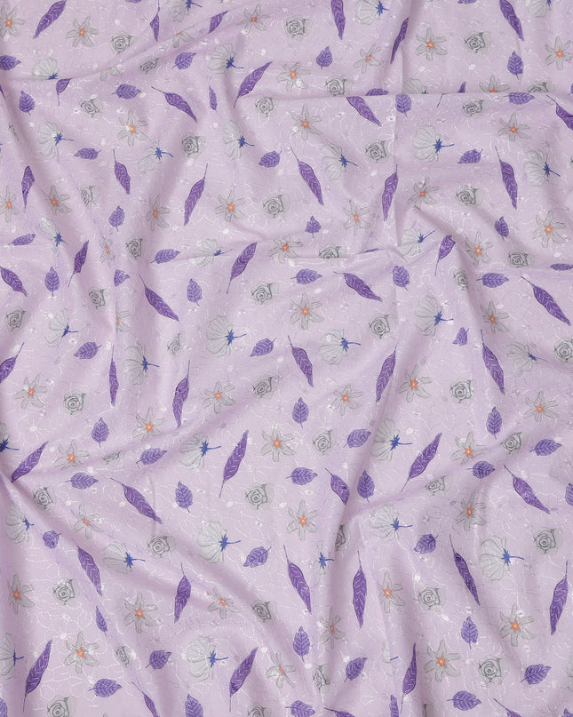 Lavender Cotton Voile Embroidery Fabric with Purple Leaf and Floral Design, 110 Cms Width, India-D25296
