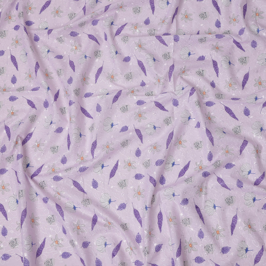 قماش تطريز من القطن الفوال بلون اللافندر مع تصميم أوراق أرجوانية وزهور، عرض 110 سم، الهند - D25296