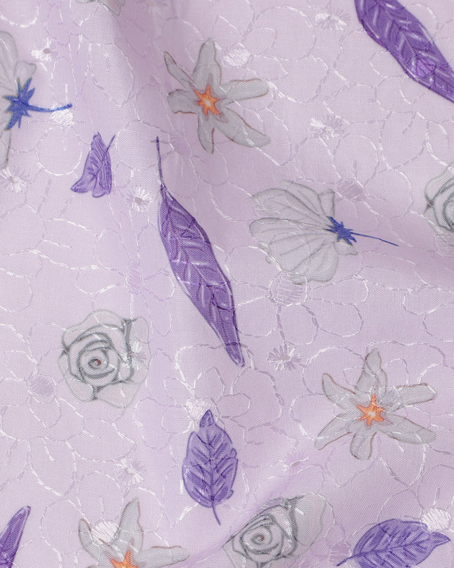 Lavender Cotton Voile Embroidery Fabric with Purple Leaf and Floral Design, 110 Cms Width, India-D25296