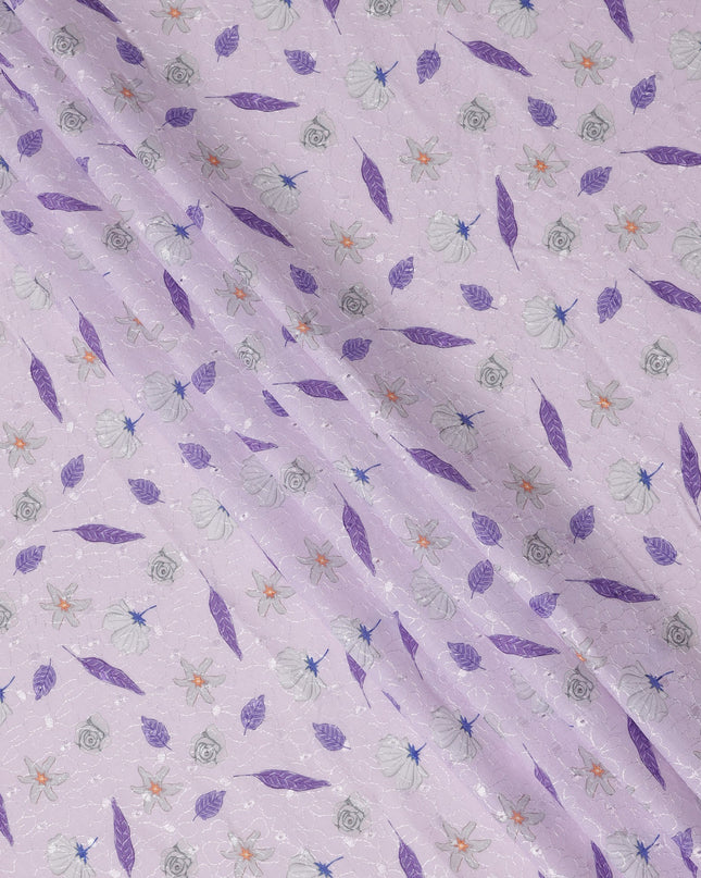 Lavender Cotton Voile Embroidery Fabric with Purple Leaf and Floral Design, 110 Cms Width, India-D25296