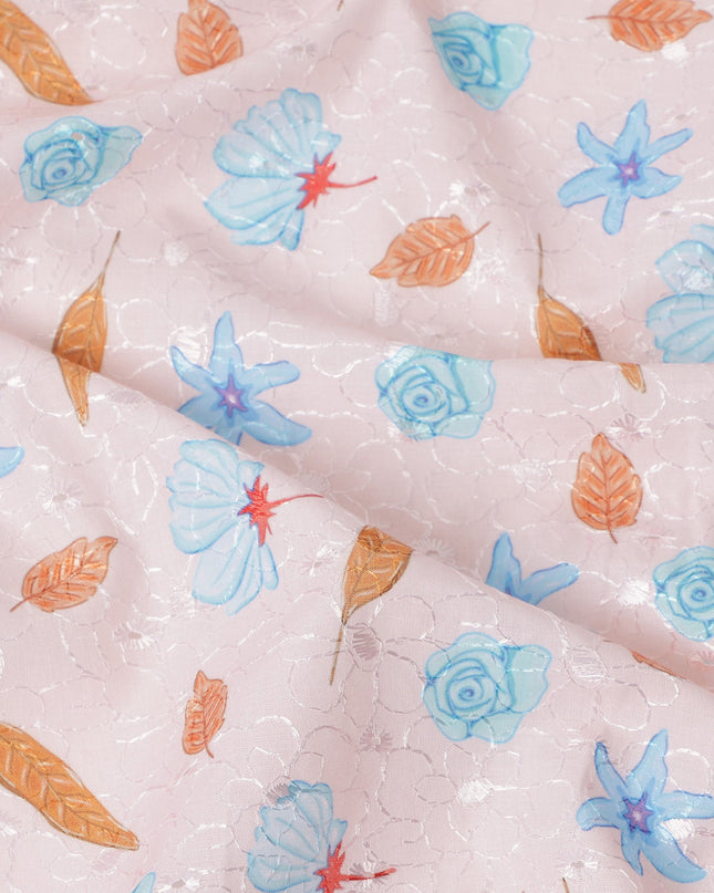 Pink Floral Printed Cotton Voile Embroidery Fabric, 110 Cms Width, India-D25201