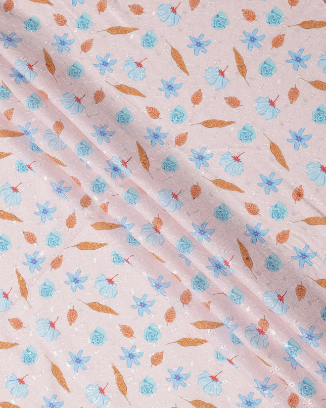 Pink Floral Printed Cotton Voile Embroidery Fabric, 110 Cms Width, India-D25201