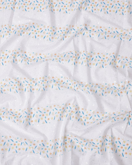 قماش قطني مطرز بنقشة زهور بيضاء بتصميم مخطط، عرض 110 سم، الهند - D25206