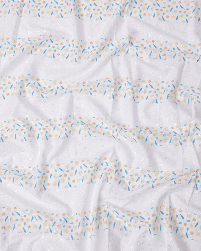 White Floral Printed Cotton Voile Embroidery Fabric with Striped Design, 110 Cms Width, India-D25206