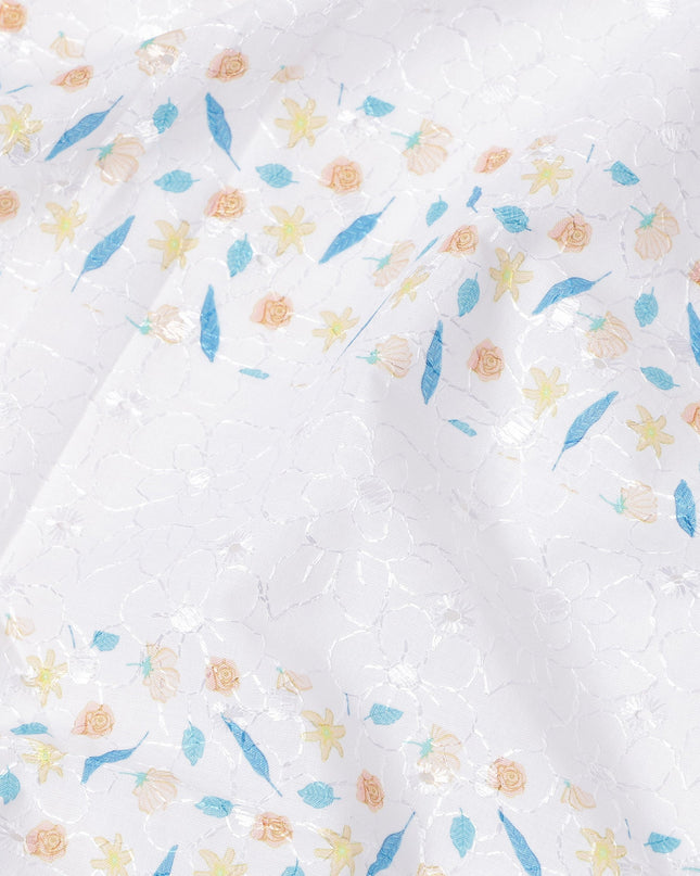 White Floral Printed Cotton Voile Embroidery Fabric with Striped Design, 110 Cms Width, India-D25206