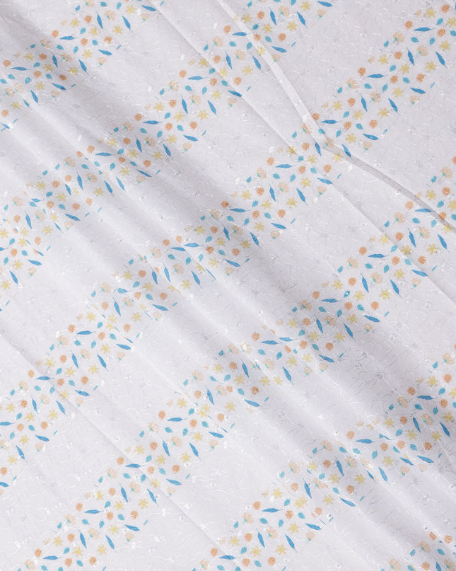 White Floral Printed Cotton Voile Embroidery Fabric with Striped Design, 110 Cms Width, India-D25206