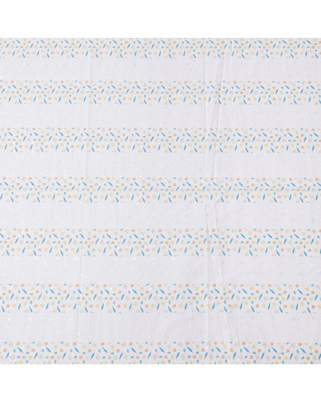 White Floral Printed Cotton Voile Embroidery Fabric with Striped Design, 110 Cms Width, India-D25206