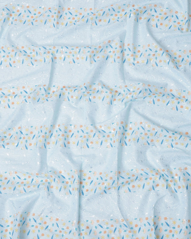 Light Blue Floral Printed Cotton Voile Embroidery Fabric with Striped Design, 110 Cms Width, India-D25204