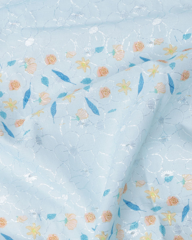 Light Blue Floral Printed Cotton Voile Embroidery Fabric with Striped Design, 110 Cms Width, India-D25204