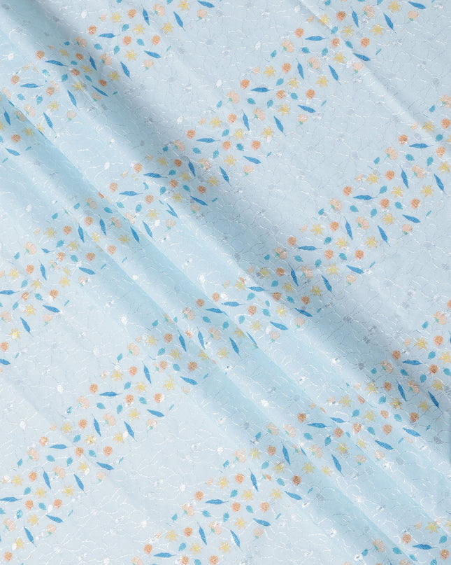 Light Blue Floral Printed Cotton Voile Embroidery Fabric with Striped Design, 110 Cms Width, India-D25204