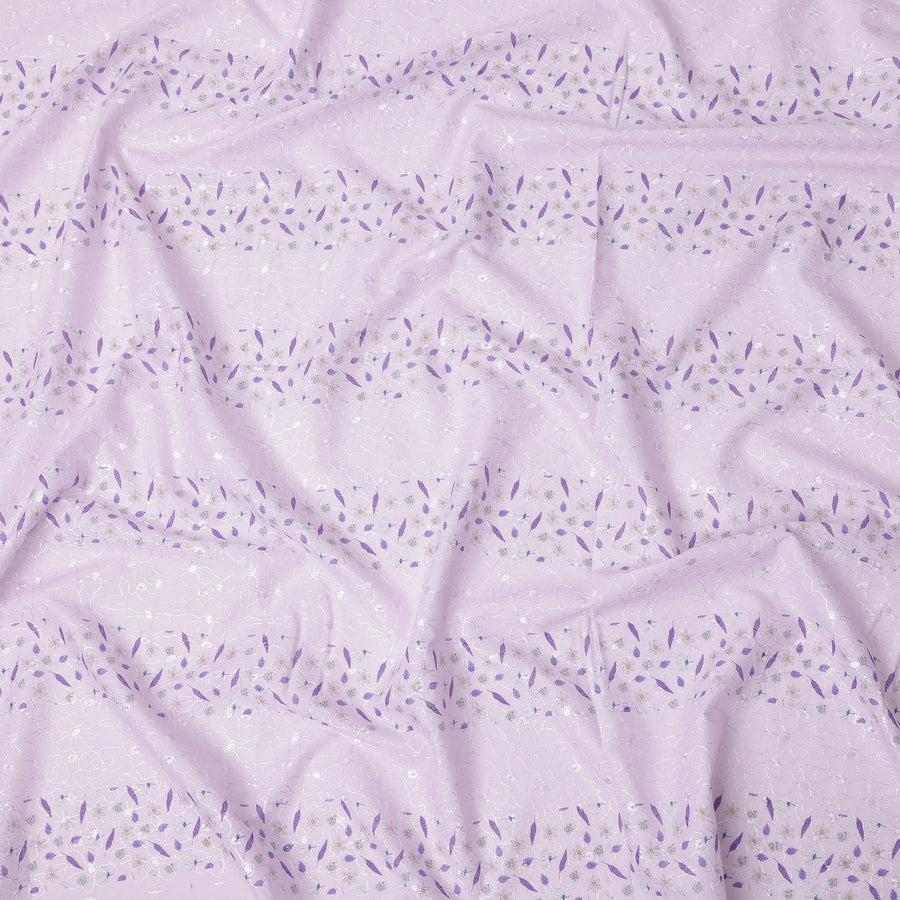 Lavender Floral Printed Cotton Voile Embroidery Fabric with Striped Design, 110 Cms Width, India-D25205