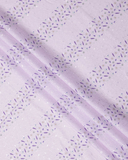 Lavender Floral Printed Cotton Voile Embroidery Fabric with Striped Design, 110 Cms Width, India-D25205