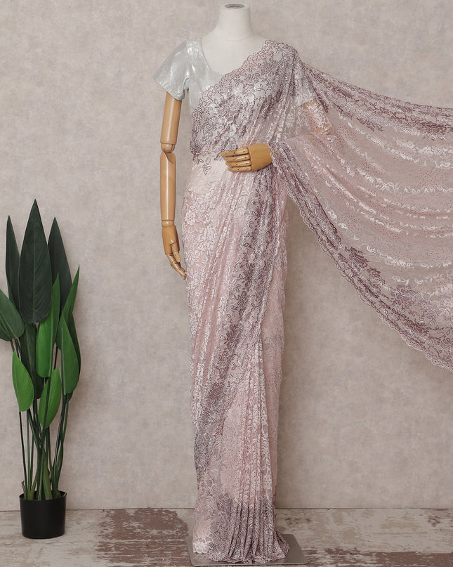 Blush Pink Embroidered Net Saree 110cm