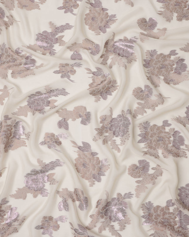Ivory Floral Pure Silk Chiffon Fabric with Metallic Lurex, 110 Cms Width, South Korea-D25246