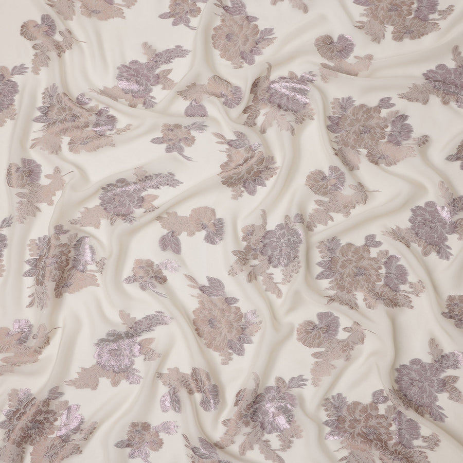 Ivory Floral Pure Silk Chiffon Fabric with Metallic Lurex, 110 Cms Width, South Korea-D25246