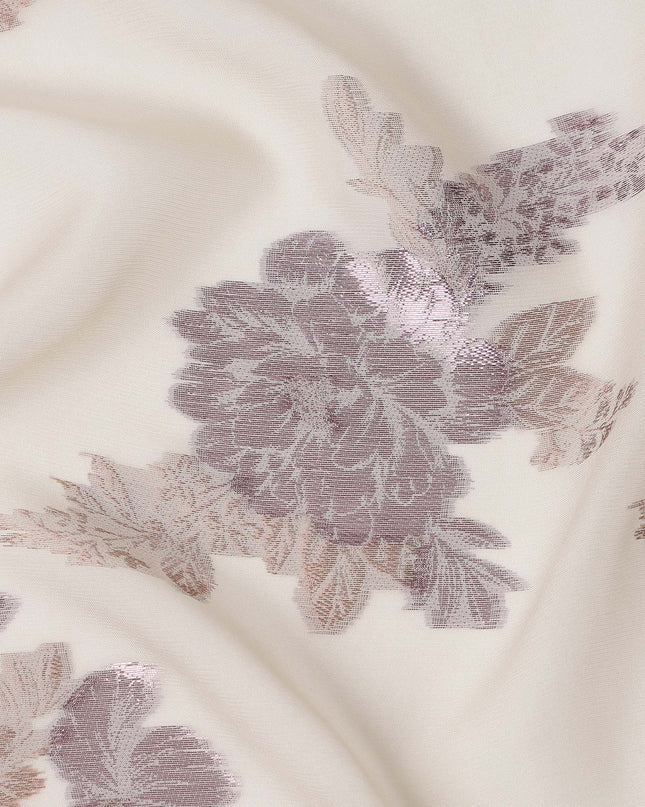 Ivory Floral Pure Silk Chiffon Fabric with Metallic Lurex, 110 Cms Width, South Korea-D25246