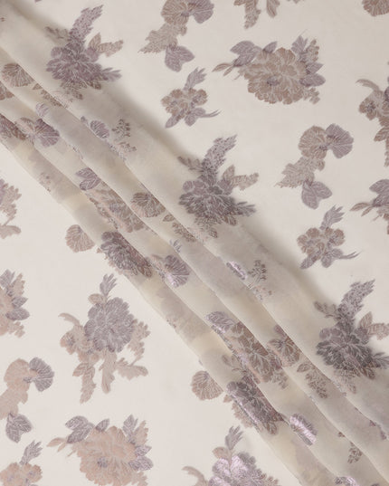 Ivory Floral Pure Silk Chiffon Fabric with Metallic Lurex, 110 Cms Width, South Korea-D25246
