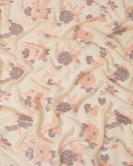 Cream Peach Floral Pure Silk Chiffon Fabric with Metallic Lurex, 110 Cms Width, South Korea-D25244 Regal Fabrics