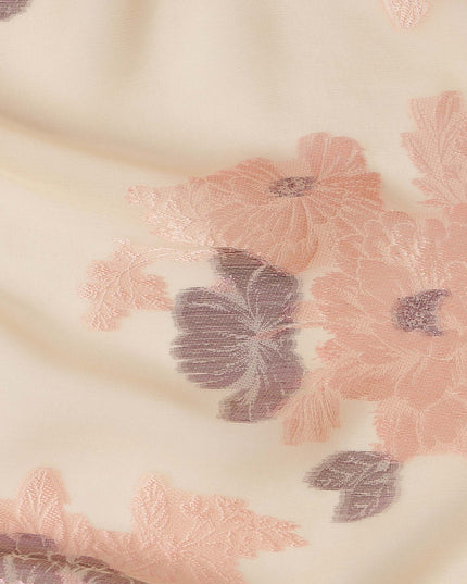 Cream Peach Floral Pure Silk Chiffon Fabric with Metallic Lurex, 110 Cms Width, South Korea-D25244 Regal Fabrics