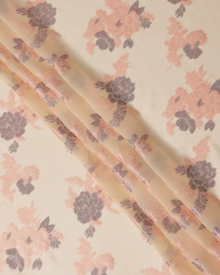 Cream Peach Floral Pure Silk Chiffon Fabric with Metallic Lurex, 110 Cms Width, South Korea-D25244 Regal Fabrics