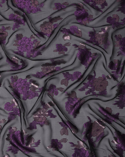 Black Purple Floral Pure Silk Chiffon Fabric with Metallic Lurex, 110 Cms Width, South Korea-D25251