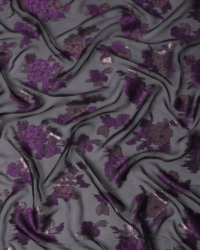 Black Purple Floral Pure Silk Chiffon Fabric with Metallic Lurex, 110 Cms Width, South Korea-D25251