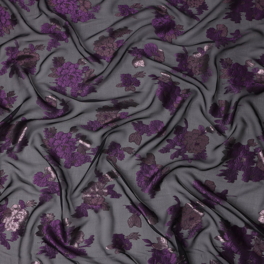 Black Purple Floral Pure Silk Chiffon Fabric with Metallic Lurex, 110 Cms Width, South Korea-D25251