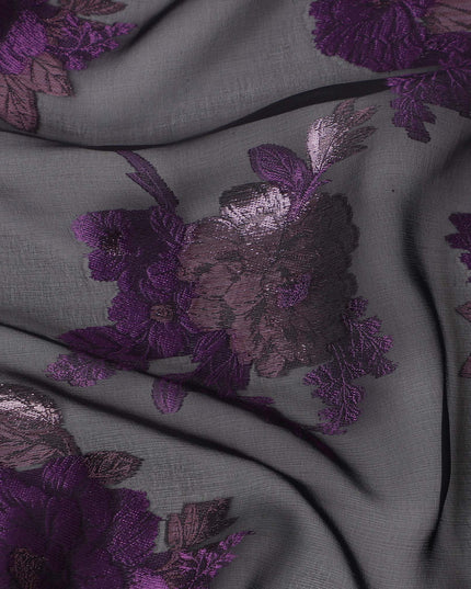 Black Purple Floral Pure Silk Chiffon Fabric with Metallic Lurex, 110 Cms Width, South Korea-D25251