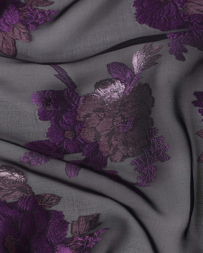 Black Purple Floral Pure Silk Chiffon Fabric with Metallic Lurex, 110 Cms Width, South Korea-D25251
