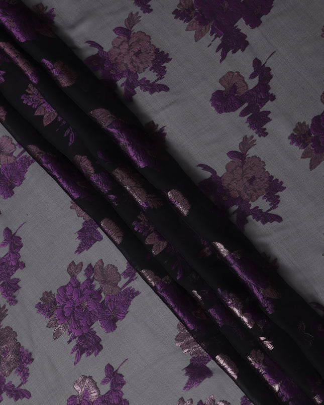 Black Purple Floral Pure Silk Chiffon Fabric with Metallic Lurex, 110 Cms Width, South Korea-D25251