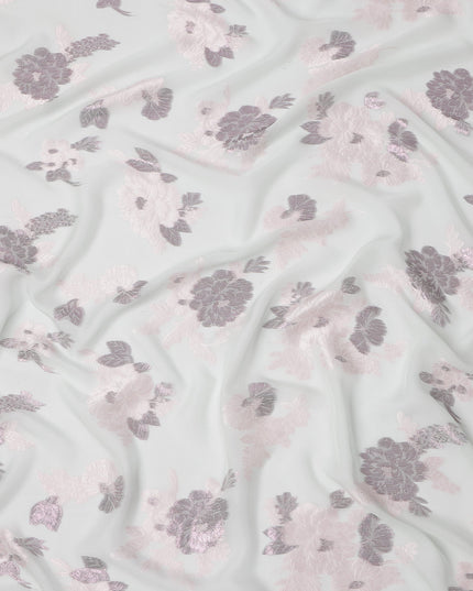 White Pink Floral Pure Silk Chiffon Fabric with Metallic Lurex, 110 Cms Width, South Korea-D25254