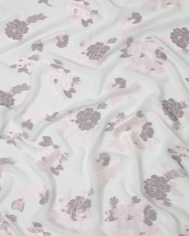 White Pink Floral Pure Silk Chiffon Fabric with Metallic Lurex, 110 Cms Width, South Korea-D25254