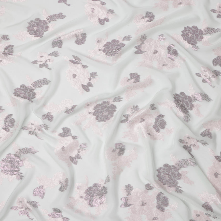 White Pink Floral Pure Silk Chiffon Fabric with Metallic Lurex, 110 Cms Width, South Korea-D25254