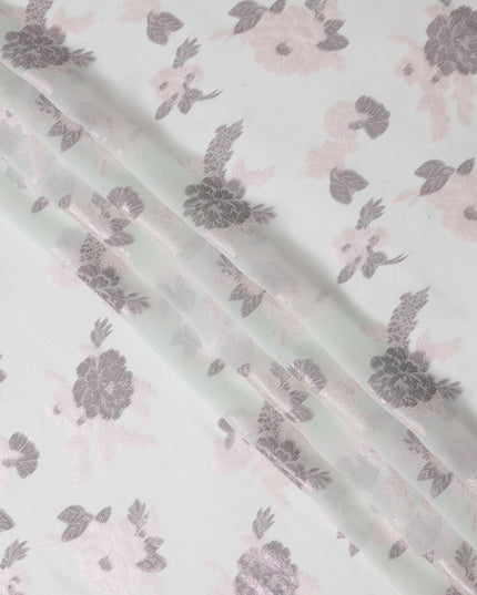 White Pink Floral Pure Silk Chiffon Fabric with Metallic Lurex, 110 Cms Width, South Korea-D25254