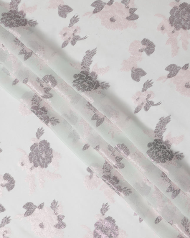 White Pink Floral Pure Silk Chiffon Fabric with Metallic Lurex, 110 Cms Width, South Korea-D25254