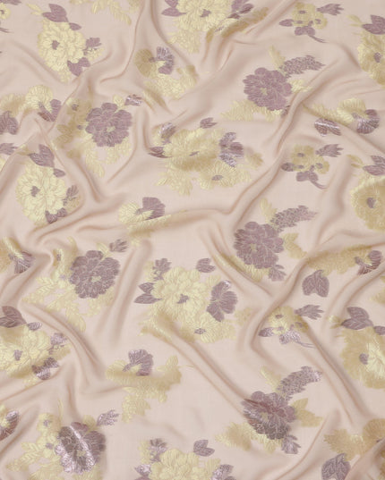 Peach Yellow Floral Pure Silk Chiffon Fabric with Metallic Lurex, 110 Cms Width, South Korea-D25256