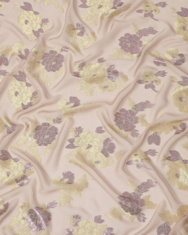 Peach Yellow Floral Pure Silk Chiffon Fabric with Metallic Lurex, 110 Cms Width, South Korea-D25256